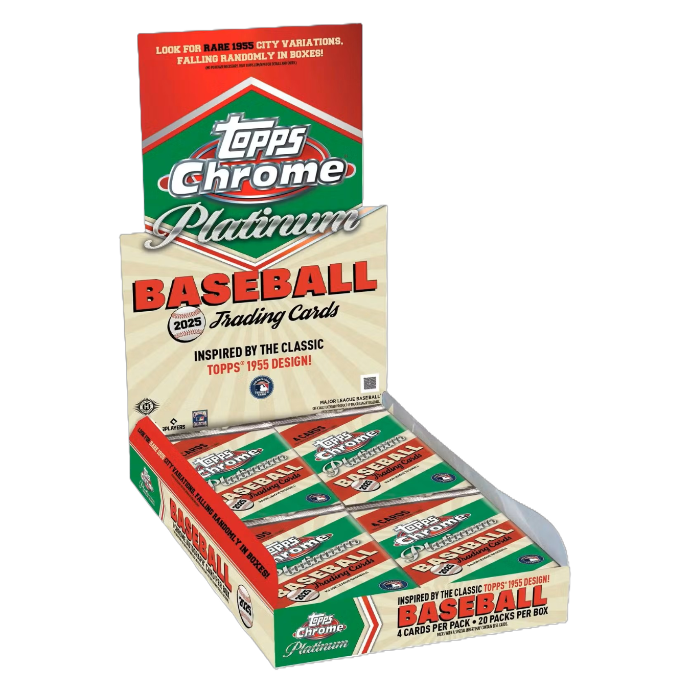 Hobby box of 2025 premium baseball trading cards with blue and silver chrome design and vintage '55 logo