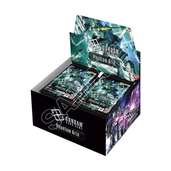 Stacked booster box for Gundam Card Game Phantom Aria showing colorful mecha artwork and logo on the packaging