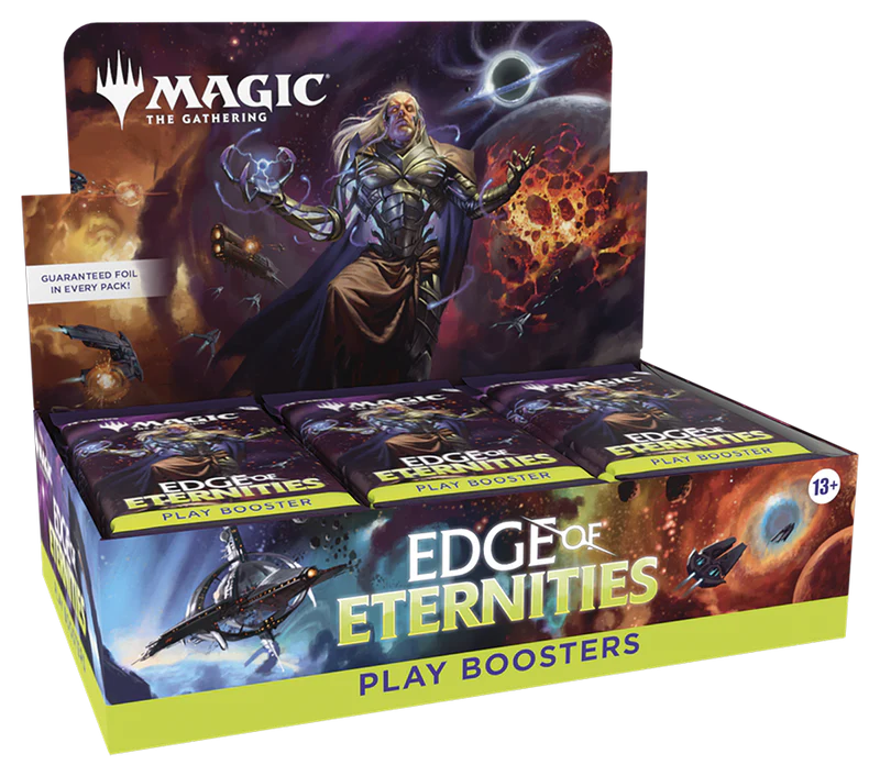 Collector booster box with four sealed Magic: The Gathering packs featuring colorful fantasy artwork