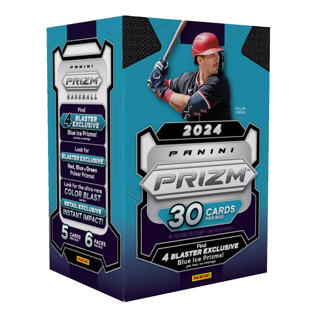 Blaster box of 2024 Prizm baseball trading cards with colorful holographic card peeking from the packaging