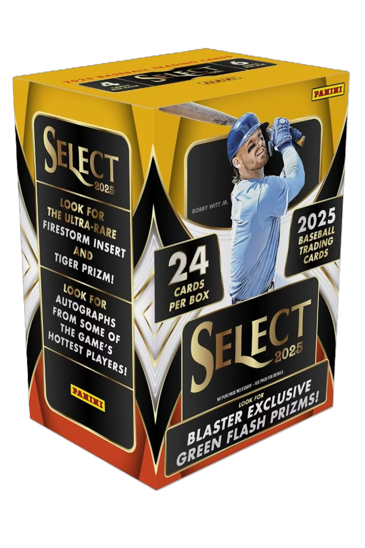 Six-pack hobby blaster box of 2025 baseball trading cards with colorful Select logo and sealed packaging