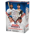 2026 baseball hobby blaster box with colorful player card artwork and sealed foil packaging on white background.