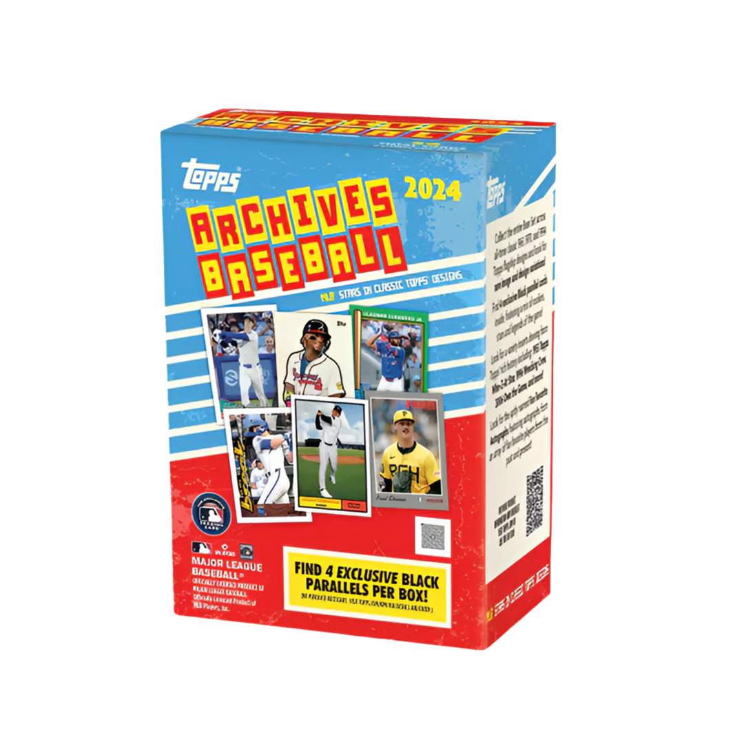2024 Topps Archives baseball blaster box with vintage card artwork and sealed packaging on white background
