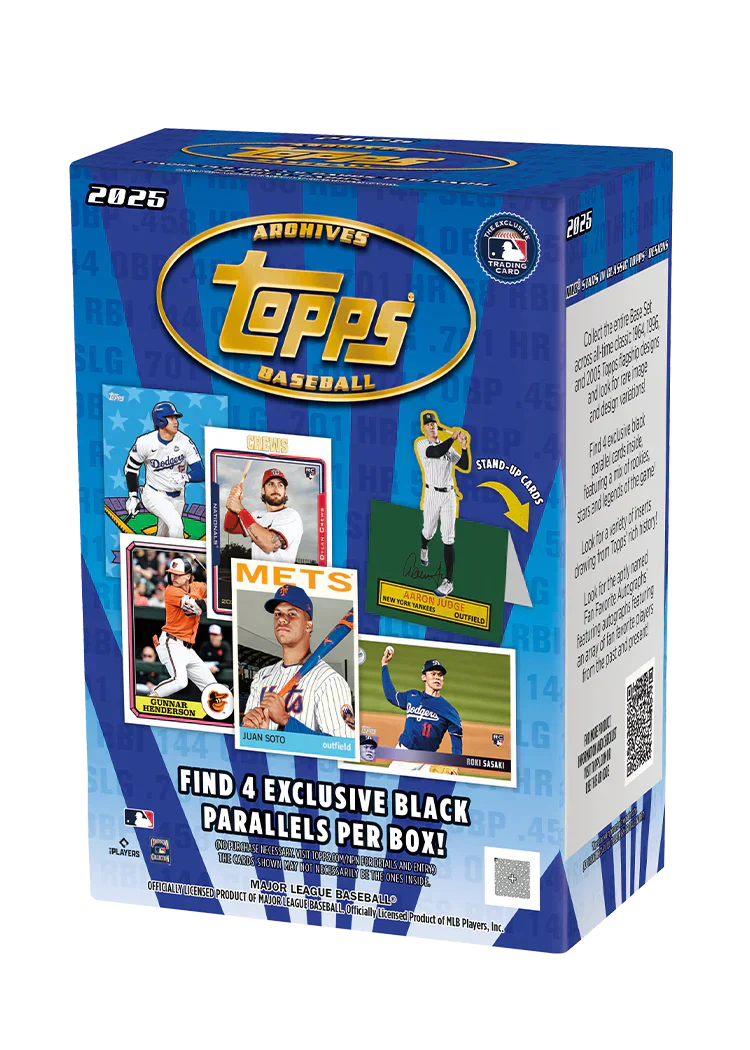 Blaster box of 2025 baseball trading cards with vintage-themed Topps Archives packaging and Primedexi™ label