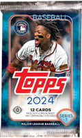 2024 baseball hobby pack wrapper with colorful team logos and rookie images spilling from pack