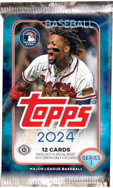 2024 baseball hobby pack wrapper with colorful team logos and rookie images spilling from pack