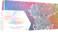Prismatic faceted perfume bottle with iridescent gradient glass on white background