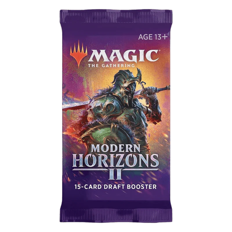 Pack of Magic: The Gathering Modern Horizons 2 draft booster cards with colorful fantasy artwork spilling from wrapper