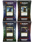 Display box of Dungeons & Dragons commander decks featuring fantasy artwork of monsters and heroes on a tabletop