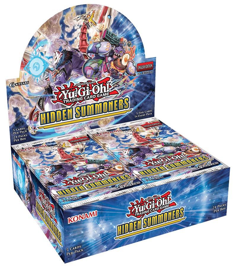 Boxed hidden summoners booster pack set with fantasy card art and sealed storage box for tabletop trading cards