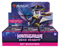 Opened display box of Kamigawa: Neon Dynasty set booster packs with colorful foil art spilling out