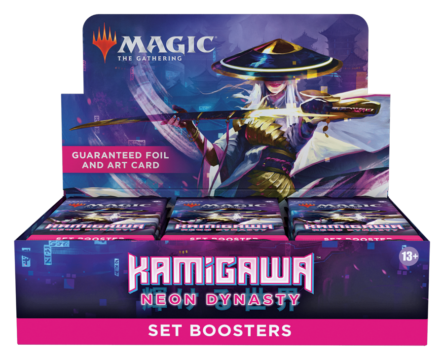 Opened display box of Kamigawa: Neon Dynasty set booster packs with colorful foil art spilling out