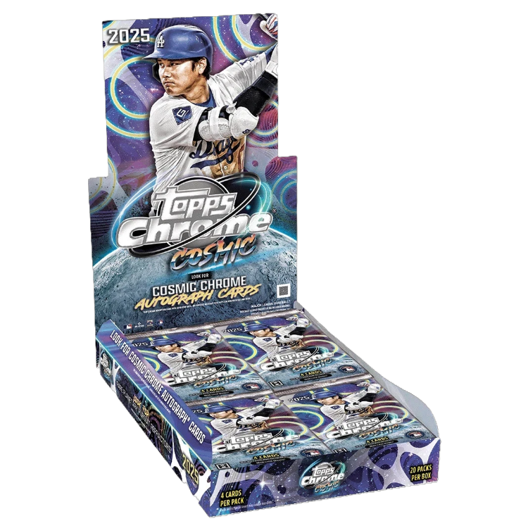 Box of 2025 cosmic chrome baseball hobby cards with shiny foil packaging and colorful player art